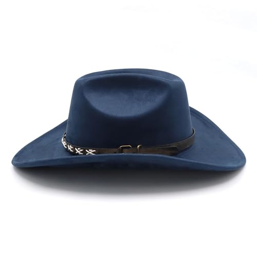 Image of Western Suede Cowboy Hat for Women Men Wide Brim Classic Cowboy Cowgirl Hat with Buckle Belt Felt Fedora Hat