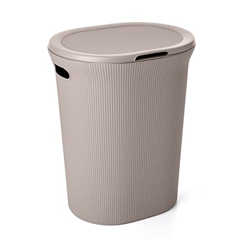 Image of Superio Ribbed Collection - Decorative Plastic Laundry Hamper with Lid and Cut-Out Handles, Taupe (2 Pack) Basket Organzier for Bedroom Bathroom College Dorm Room 40 Liter