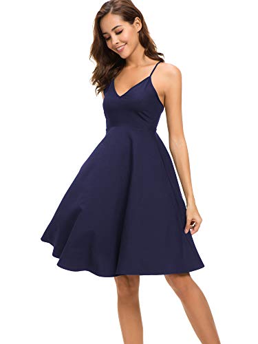 Eliacher Women's Deep V Neck Adjustable Spaghetti Straps Summer Dress Sleeveless Sexy Backless Cocktail Dresses Vintage Swing Dress (XS, Navy Blue)