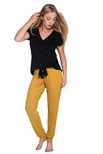 S& SENSIS Ensemble de Pyjama Femme Hiver en Coton. Fabriqué dans l'UE. (S-M, Noir/Moutarde Long)