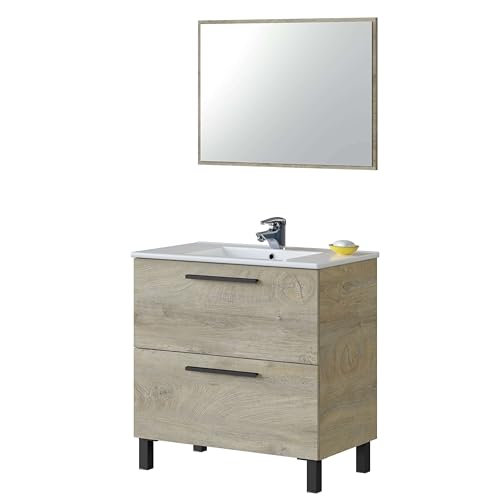 ARKITMOBEL Mueble Baño Athena 2 Cajones Y Espejo Color Roble Alaska Moderno Industrial 80x45 Cm Sin Lavamanos