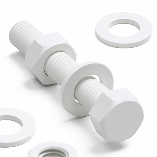 Image of 10x White Hexagon Head Polypropylene (PP) Plastic Nuts & Bolts, Washers, M10 x 60 mm, (25 /64 x 2-23 /64 in)