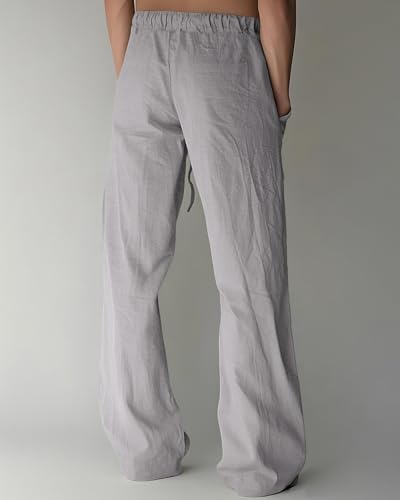 Image of PIDOGYM Mens Cotton Linen Pants, Summer Beach Pants Casual Loose Fit with Elastic Waist Drawstring