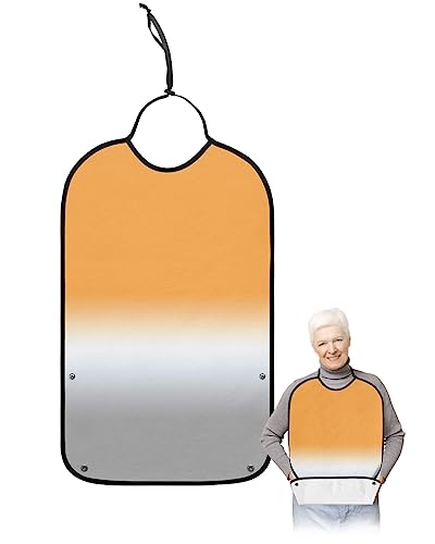 Orange White Grey Ombre Adult Bibs for Eating, Waterproof Bibs with Food Catcher & Adjustable Snap Closure, Modern Abstract Aesthetics Washable Clothing Protectors Adult Bibs for Elderly Women/Men