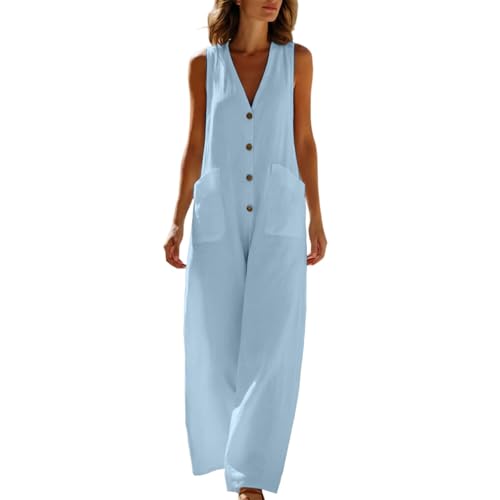 Mono largo de lino sin mangas para mujer, diseño fresco con bolsillos y pantalón de pierna ancha