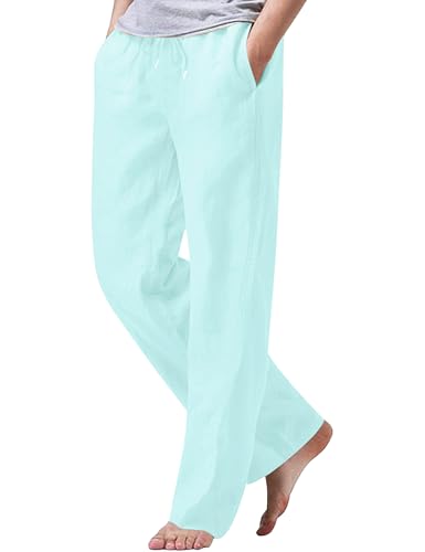 Image of iWoo Linen Pants Men Casual 2025 Summer Beach Elastic Drawstring Waist Yoga Pants Travel Baggy Work Pant Pajama