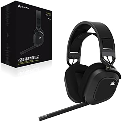 Corsair HS80 RGB WIRELESS Słuchawki z Dźwiękiem Przestrzennym (Niskim Poziomie, Wszechkierunkowy Mikrofon, Kompatybilność połączenia bezprzewodowego z PS5 i PS4) Czarny
