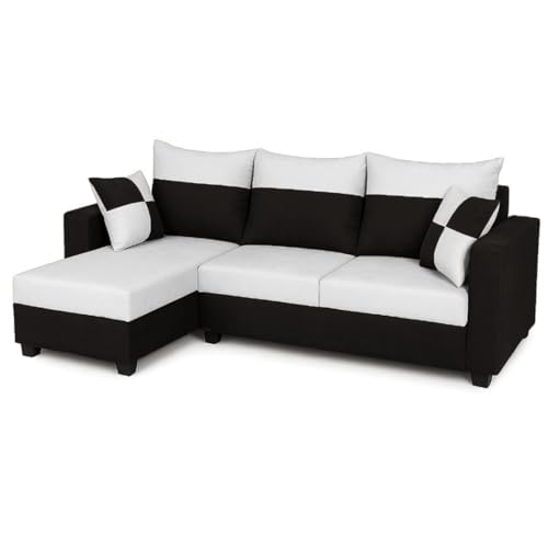 Image of FURNY Arissa 4 Seater Fabric LHS L Shape Sofa Set with Extra Cushions (Light Grey-Black) Premium Velvet Finish | Ideal of Living Room