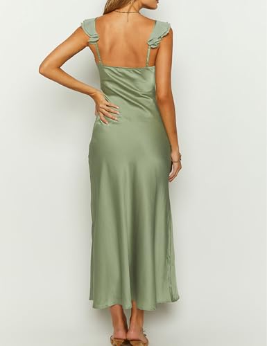 Image of KOUNAI Women's Satin Summer Lace Slit Formal Midi Dress for Wedding Guest | Silk,Elegant,Ruffle Sleeve,Cocktail,Bridesmaid, Beach, Vacation,Party,Adjustable Straps,Graduation,Baby Showe,Engagement