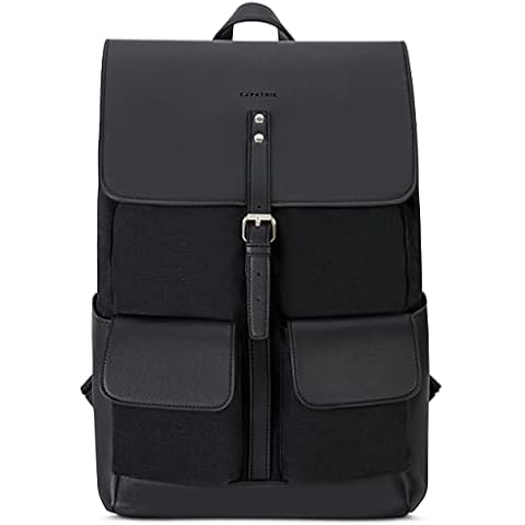 Backpack Women Cotton Canvas & Vegan PU Leather Black - Expatrié Laurent Daypack Large - Women Rucksack Elegant - Backpacks 15l Bag Cover