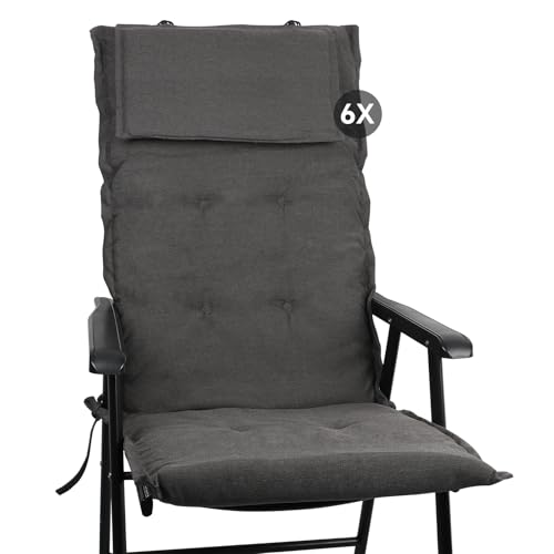 slaaviinoo 6er Set Gartenstuhlauflagen Hochlehner (120x50x6cm) Sitzkissen Outdoor– wasserabweisender Stoff|UV-500h lichtecht – Mit abnehmbarem Kopfpolster – Steinkohlegrau für Gartenmöbel/Klappstühle