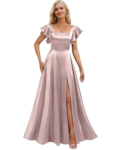 Short Sleeve Bridesmaid Dresses with Pockets Square Neck A-Line Satin Prom Gown Dress for Women with Slit IIF134