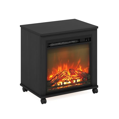 Furinno Jensen Electric Fireplace End Table with Wheels, Americano