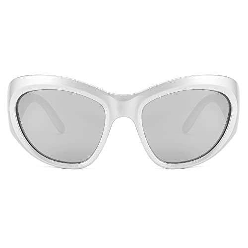 FEISEDY Trendy Y2k Sunglasses Women Men Oversized Shield Sunglasses Fashion Wrap Around Futuristic Glasses B23592