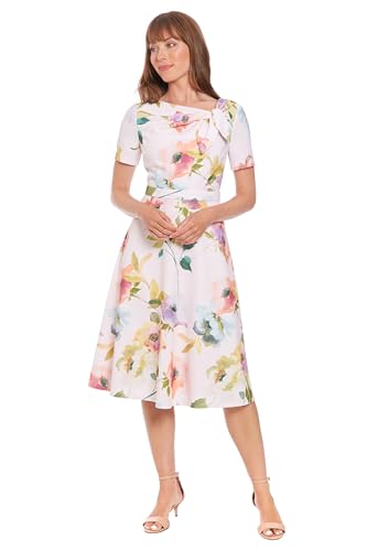 Image of London Times Women's Women's A-line Midi Dress - Short Sleeve Fitted Waist with Bow Detail - Versatile Floral Dresses