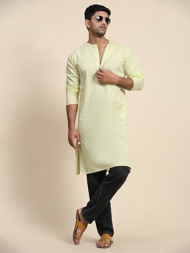 Image of Amazon Brand - Anarva Men's Cotton Solid Round Neck Kurta Long Sleeves Straight Knee Length Casual Shirt