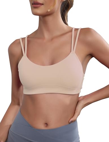 Image of Yoga Sports Workout Bras for Women Seamless Molded Cup Spaghetti Double Strap Bra Wirefree Scoop Neck Tank Top Bras