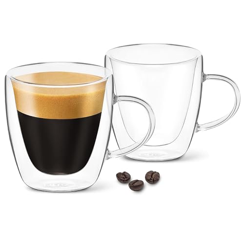 DLux Espresso Coffee Cups 3oz, Double Wall, Clear Glass Set of 2 Glasses with Handles, Insulated Borosilicate Glassware Tea Cup