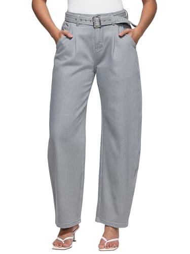 ZPIUO Barrel Jeans for Women - High Waisted Baggy Wide Leg Stretchy Denim Pants with Detachable Belt - Grey Size 16