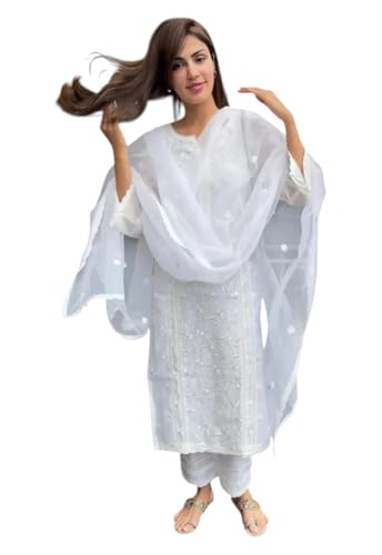 Kurta pantalon en crêpe blanc brodé Yashika pour femme avec dupatta en filet taille M