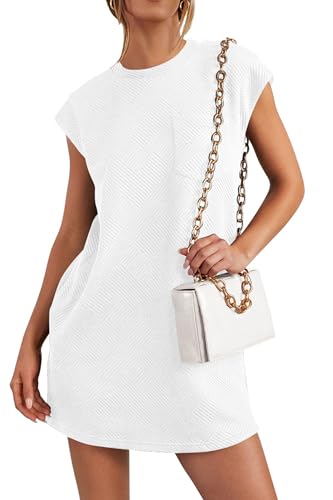 PRETTYGARDEN Women's Summer Short T Shirt Dress Cap Sleeve Crew Neck Casual Loose Basic Mini Dresses (White,Medium)