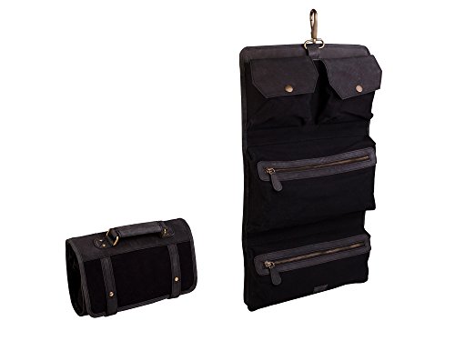 Dwellbee Canvas and Leather Hanging Toiletry Bag (Black Canvas, Black Cowhide)