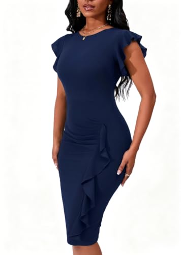 Image of PerZeal Women's 2026 Flutter Sleeve Bodycon Midi Dress Sexy Crew Neck Knit Ruffle Wear to Work Cocktail Party Pencil Dresses