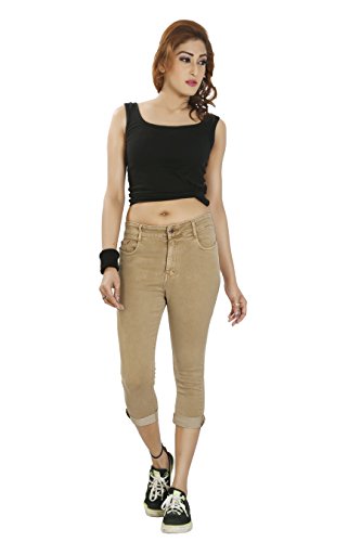 Image of FCK-3 Stretchable Denim Solid Mid Waist Knee Length Button Closure 5 Pocket Capree for Women