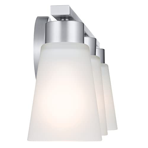 Image of Kichler Stamos 3-Light Bathroom Vanity Light Fixture with Satin Etched Glass Shades, 22 in Modern Wall Mount Light in Brushed Nickel for over Mirror (22 in x 5 in x 8 in), 55121NI