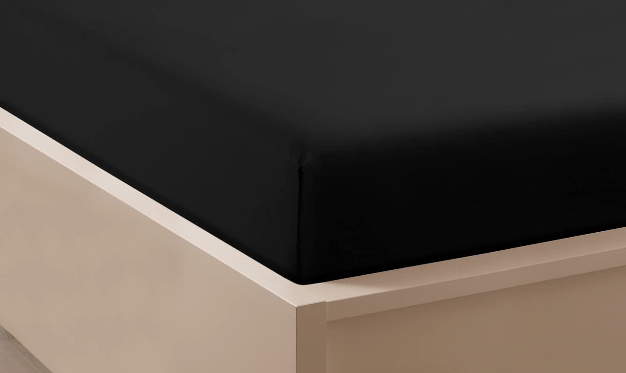 Ghazlan Extra Deep Pocket Fitted Sheet - Poly-Cotton Fitted Bed Sheet with Elastic Around Bedding Sheet - 16''(40Cm) Bottom Sheet - Fits mattresses Upto 16'' deep Pocket (Black, Double)