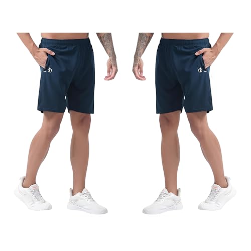 Image of BLUE STAR SHARK Athletic Sports Shorts for Men with Zip Pockets and Elastic Waistband Quick Dry Lightweight Activewear Combo - Pack of 2