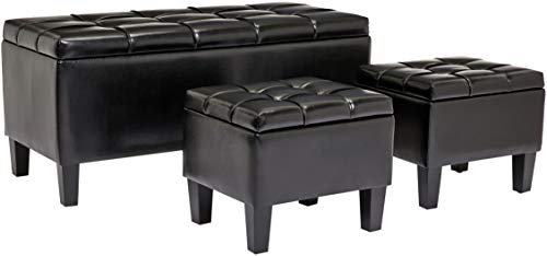 First Hill Bergen 3-Piece Faux-Leather Storage Ottoman Bench Set, Jet Black