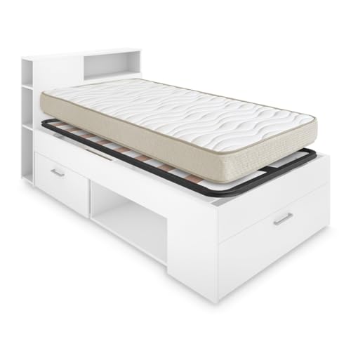 DEKIT - Pack Ahorro Juvenil Cama Lanka con cabecero somier Lama Ancha y colchón viscoelástico 90 x 190 cm