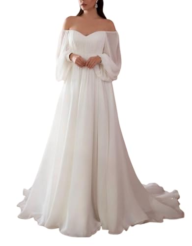 Long Sleeve Wedding Dresses for Bride A-Line Off Shoulder Train Chiffon Bridal Gowns