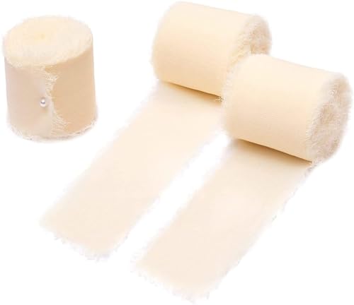 Handmade Fringe Chiffon Ribbon, 3 Rolls Silk and Rose Pink Cotton Linen With Frayed Edges, Craft Fabric Cloth Ribbon, Beige, 4cm x 5m