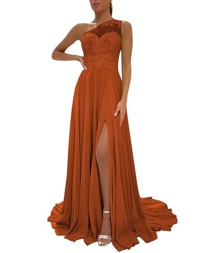 LANGKAAO One Shoulder Lace A-Line Chiffon Dress with Pockets