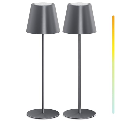 MALUX LED Tischlampe Kabellos 2 Stück Touch Dimmbare 2700K-4000K Metall IP54 Wasserdicht, USB-C Aufladung, 8-15h Akkulaufzeit Tischleuchte für Garten Esstisch Schlafzimmer Balkon Hotel (Grau)