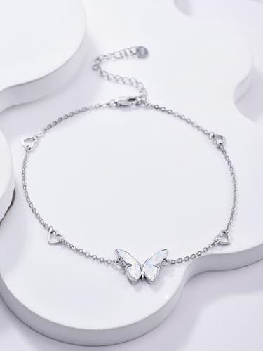 Image of WINNICACA 925 Sterling Silver Anklets for Women Adjustable Beaded Butterfly Opal Anklet Bracelet Foot Chains Jewelry Gifts for Women Beach Birthday Christmas Gift