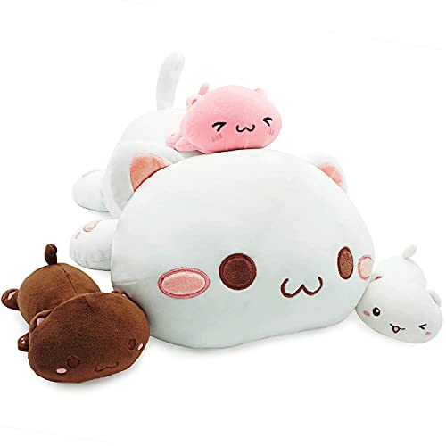 Peluche Gato Mamá 50cm con 3 Gatitos, Animales Peluche, Juguetes Peluche, Muñeca de Felpa, Suave Almohada para Abrazar Dormir, Cojín Trasero para Sofá, Regalo Creativo para Niños Cumpleaños Navidad
