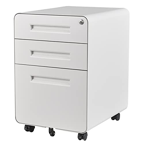 Image of 3 Drawer File Cabinet with Lock,Under Desk File Cabinet,White Rolling File Cabinets,Three Drawer Filing Cabinets for Home Office with Wheels,Fit A4 /Letter /Legal File,Fully Assembled Except Casters