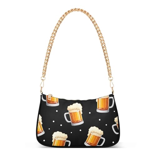 Zipper Lady One Shoulder Bag Cheerful Beer Mugs Black Designer Handbag Artistic Womens Retro Formal Purse Hobo with Chain Strap