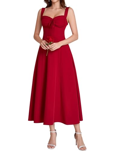 Image of KUTUMAI Floral Corset Midi Dresses for Women 2026 Lace Up Flowy Summer Wedding Guest Dress with Pockets