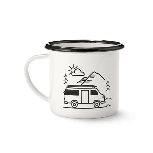 Tchibo Emaille Tasse, Camping Becher, Kaffeetasse mit Henkel, leicht und robust, 380ml, Weiß mit Motiv