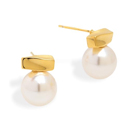 Sonateomber Gold Bar Pearl Stud Earrings for Women, Dainty 14K Gold Plated Hypoallergenic Earings Prom Everyday Fashion Jewelry Gift
