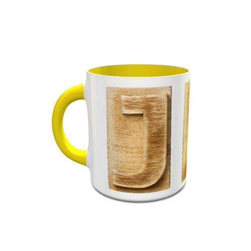 imPRESSWhite and Yellow Ceramic Mug with Wooden Colored Alphabet J Design 280
