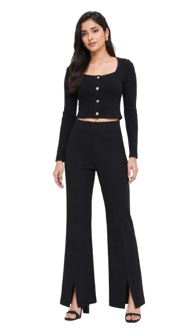 nobarr Women's Black 2 Piece Co-Ord Set | Stretchable Viscose Blend | Square Neck Crop Top & High Waist Front Slit Pants-picture-24