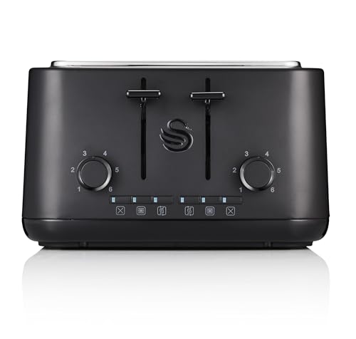 Swan ST34040BLKN Stealth 4-Slice Toaster with Defost/Reheat/Cancle Functions, Cord Storage, 1630W, Matte Black