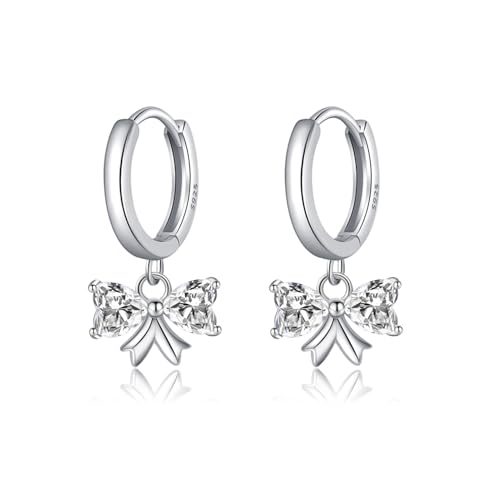 SLUYNZ Sterling Silver CZ Bow Hoop Earrings for Women Teens Love Bow Hoop Earrings Huggie Valentines Day Earrings