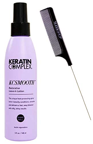 Keratin Complex KCSMOOTH Restorative Leave-In Lotion, Hair Heat Protecting Spray (w/Sleek Steel Pin Rat Tail Comb) KC Smooth Conditioner for Smoothing Treatment (5 ounce size (PACK OF 1))
