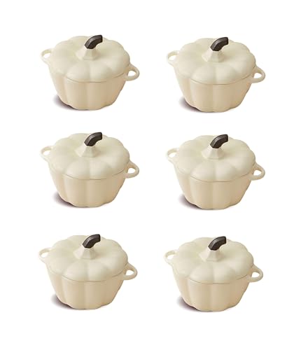 Mini Cocottes Blanc en forme de courge en Céramique Double Poignées avec Couvercle –11 x 9,5 cm – Lot de 6, Hobby Tech
